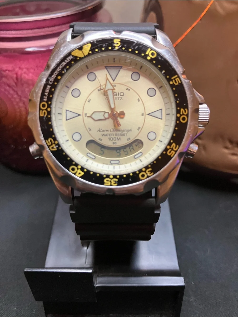 Seiko Black Watch with Cream Dial and Yellow Accents